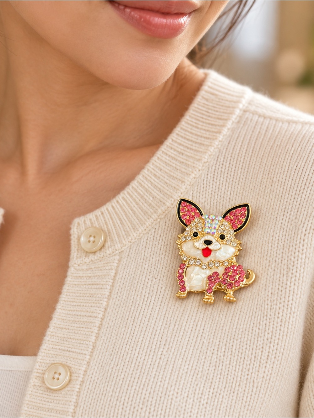 Pink Rhinestone Corgi Dog Brooch Pearlescent Gold Tone Puppy Pin